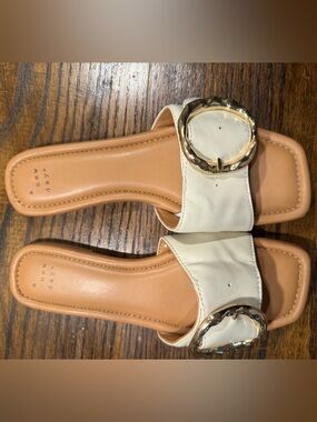 Cream Strap Slide Sandals with Gold Buckle